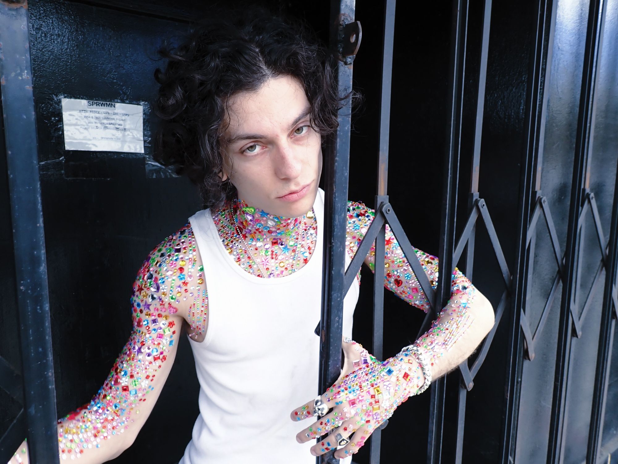 Henry Morris covered in rhinestones, at a black metal gate