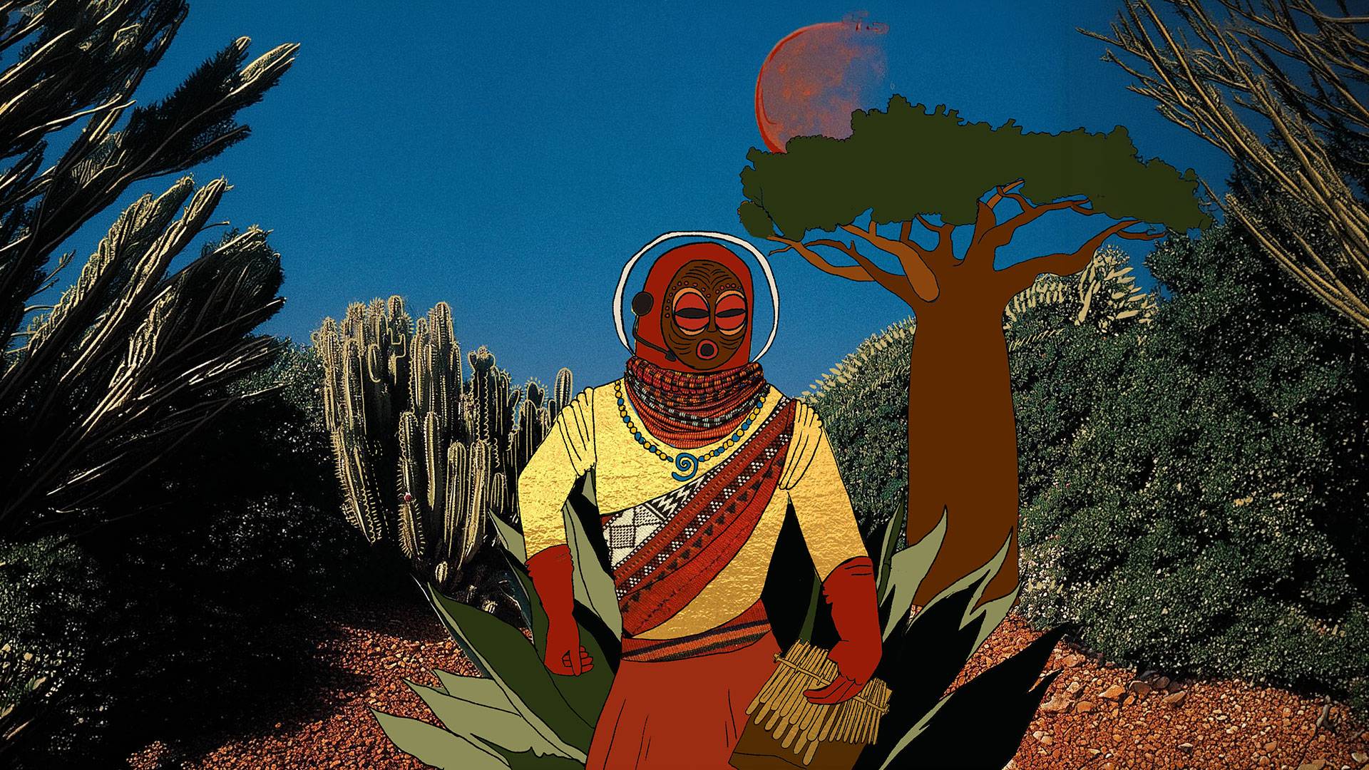 Artwork of Goldilox Zone by Mr Pigeons: a masked figure in a space helmet holding a mbira, between cacti and a baobab under a red moon