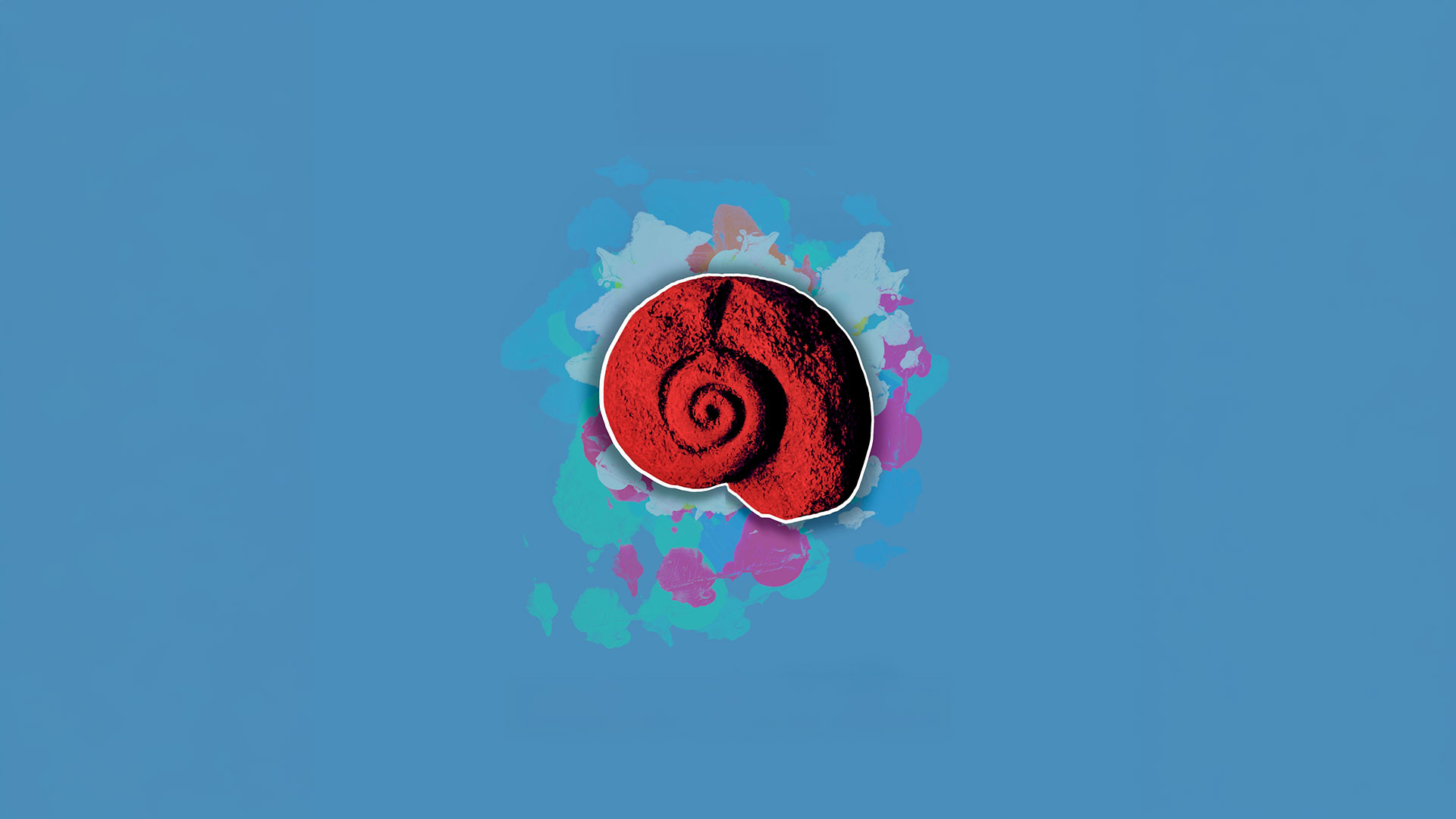 Artwork of Nautilus by Pier Piras: a red nautilus shell on a blue background with splashes of colour